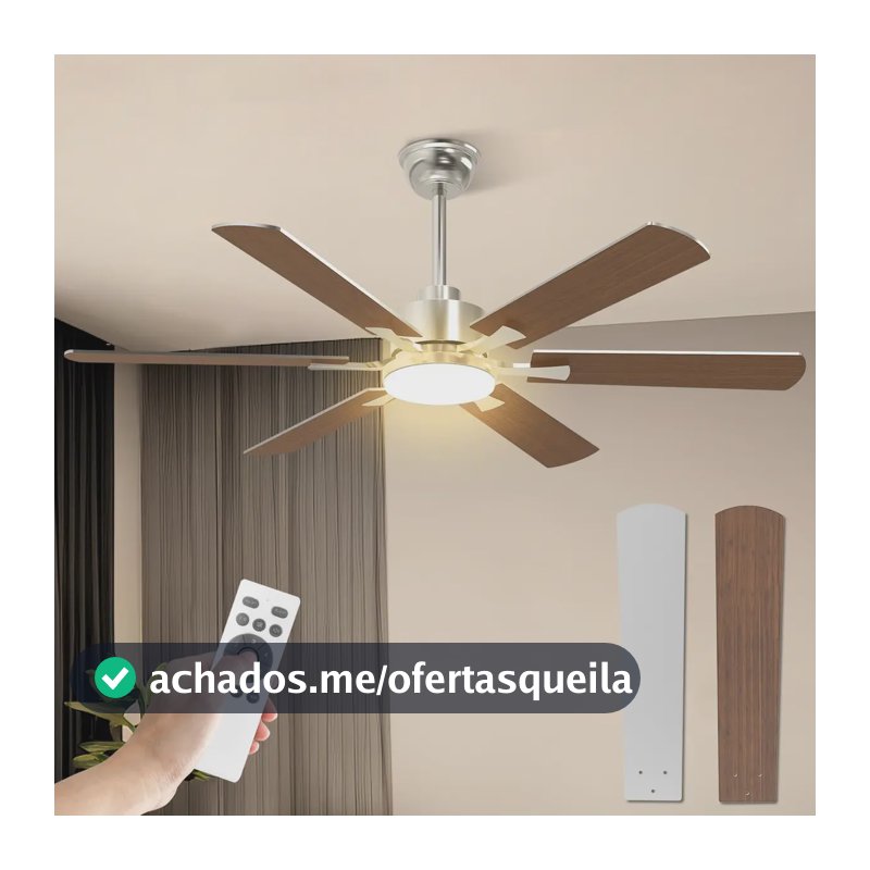 Ventilador de Teto FANSVENTO 52" com Luz LED e Controle Remoto, Marrom Silencioso
