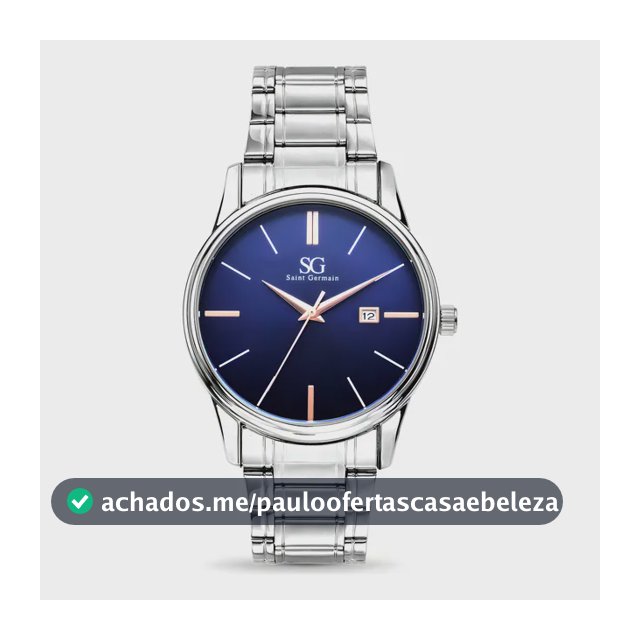 Relógio Masculino Clássico Pulseira Prata Correia Prateada Bisel Prateado Fundo Azul Marinho Saint Germain 42mm Elegante Detalhes Bronze