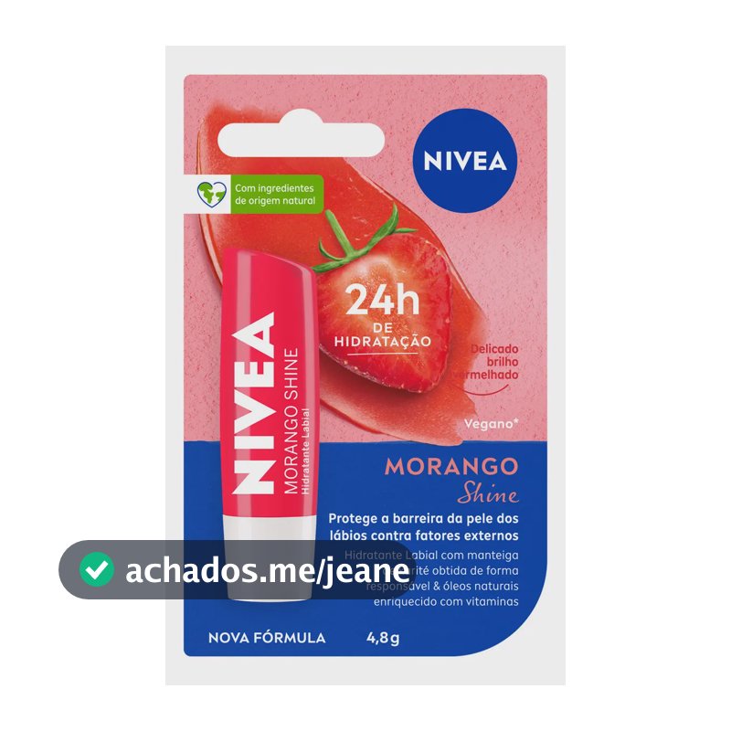 NIVEA Hidratante Labial Morango Shine 4,8g, BBB 26, Hidratação Intensa 24h, Cor Suave, Brilho Delicado, Cuidado Diário, Manteiga de Karité