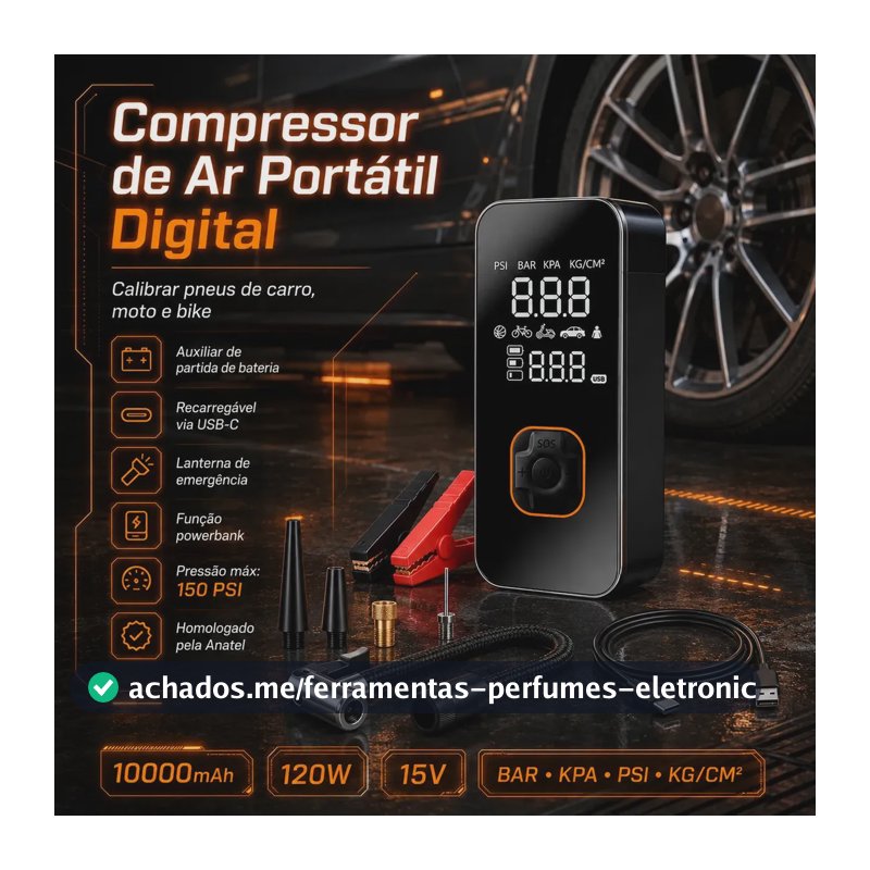 Auxiliar de Partida de Bateria Veicular Portátil Com Compressor de Ar Para Carro e Moto