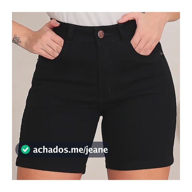 Shorts Jeans Preto Feminino Meia Coxa Elastano Cós Alto  Preto 40