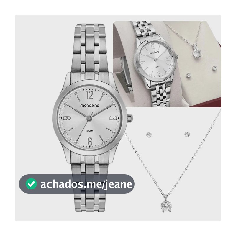 Kit Relógio Feminino Prata Mondaine com Colar e Brinco Ponto de Luz Elegante minimalista