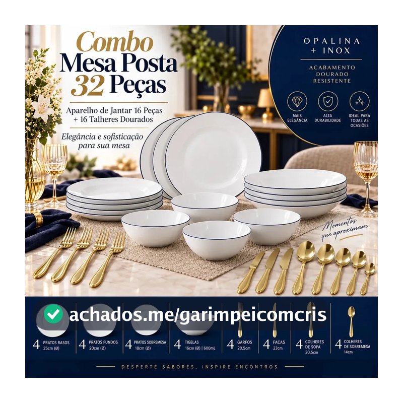 Aparelho De Jantar Nhame 32 Peças Para 4 Pessoas Com Pratos E Tigelas Em Opalina Branca Com Filete Azul E Talheres Em Aço Inox Com Acabamento Dourado