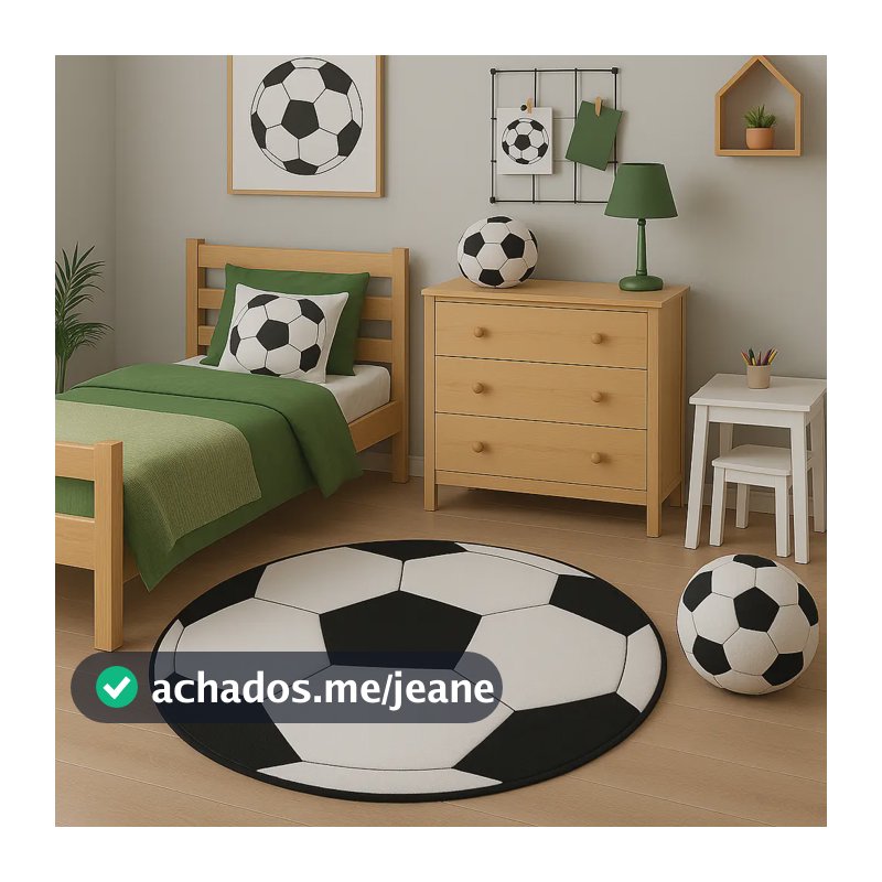 Tapete Pelúcia Quarto Infantil Juvenil Bola Futebol 70cm 0.7 Cm Preto