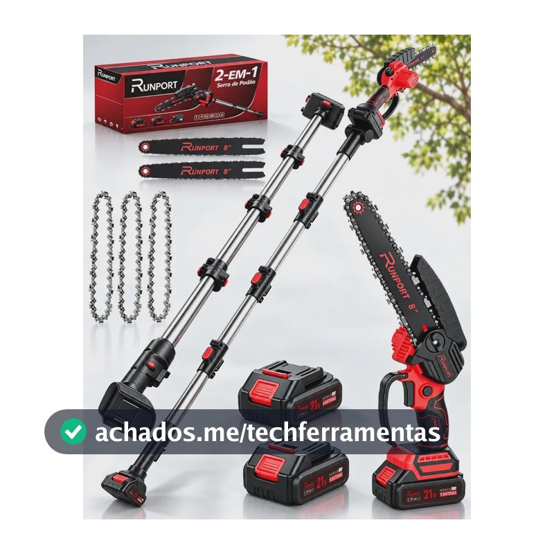 Motosserra Elétrica Runport 8 Polegadas Sem Fio a Bateria com Haste Extensível de 2,4m, Mini Motosserra e Podador de Galhos Telescópico para Poda de Árvores com 2 Baterias de Lítio