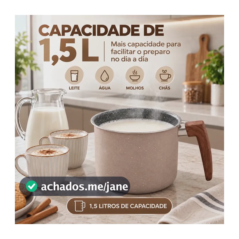 Leiteira Fervedor Antiaderente 1,5L Alumínio para Indução Gás Elétrico Vitrocerâmico Cabo Amadeirado Soft Touch Creme