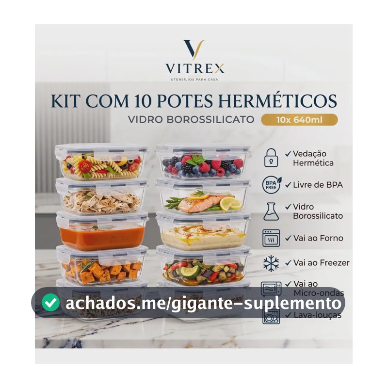 Kit 10 Pote De Vidro Marmita Hermético 640ml Freezer Fitness Vitrex