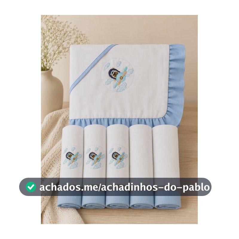 Kit Enxoval Bebê Bordado Manta E 5 Fralda Boca Maternidade Azul