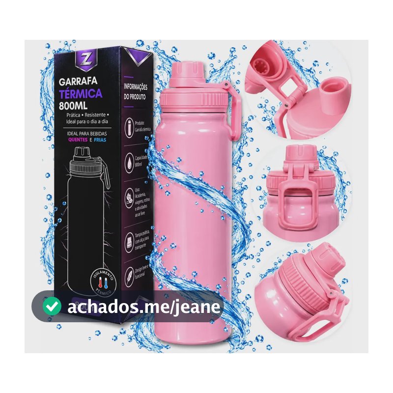 800ml Garrafa Térmica Água E Café Squeeze Inox Academia Alça Rosa