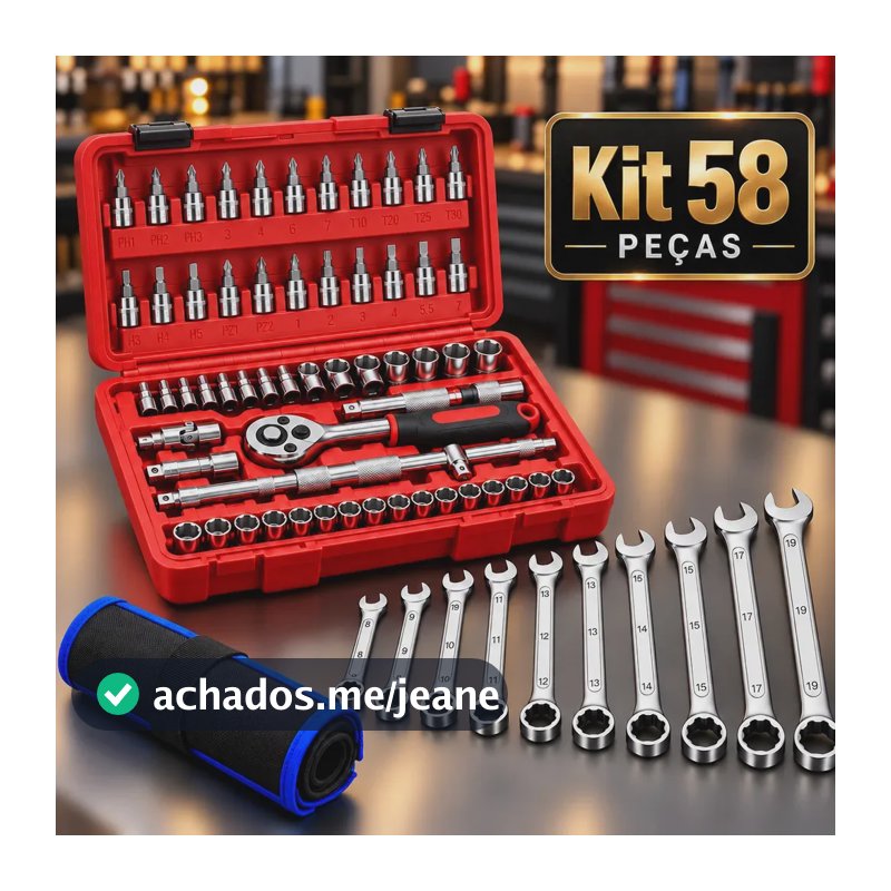 Kit Jogo De Ferramentas 58 Peças Completo Profissional com Catraca e Soquetes 46 Peças Com Maleta + 12 Chave Combinada Com Estojo Conserto Carro Moto Casa Oficina Kit Soquetes Com Catraca Hardline