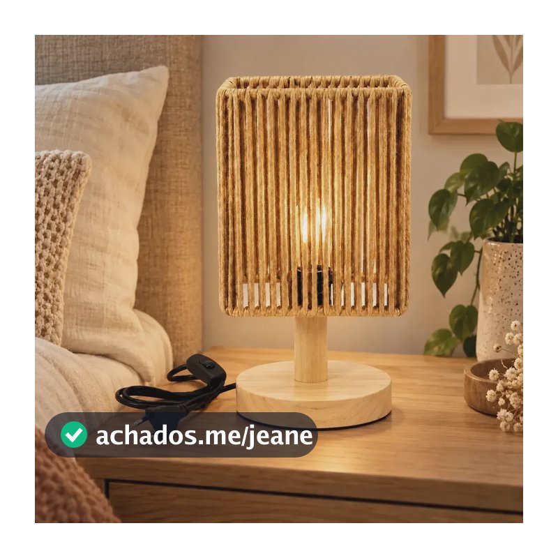 Abajur De Mesa Madeira E Rattan Cilíndrico Estilo Luxo Praia Bambu Madeira 127/220v