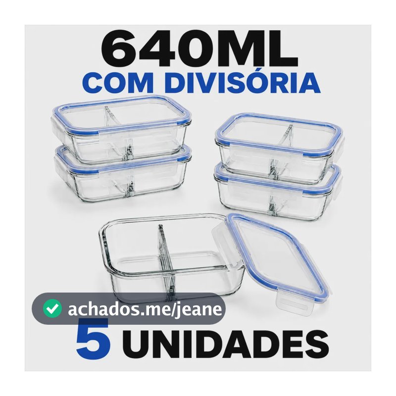 Conjunto 5 Potes Hermético Vidro 640ml C/ Divisória Marmita Transparente