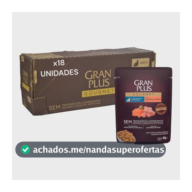 Ração Úmida Gatos Castrados Salmão Frango Gran Plus 18 Sachês 85g