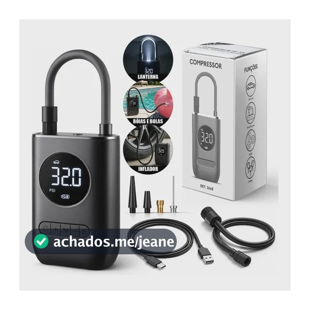 Mini Compressor de Ar Digital Portátil Recarregável USB-C Lumi para Pneus de Carro, Moto e Bicicleta Inflador Elétrico de Bolas e Infláveis Display LCD Alta Pressão Sem Fio Preto