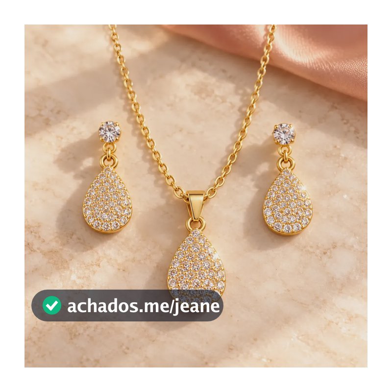 Conjunto Colar E Brincos Gota Banhado A Ouro Com Zircônias Dourado