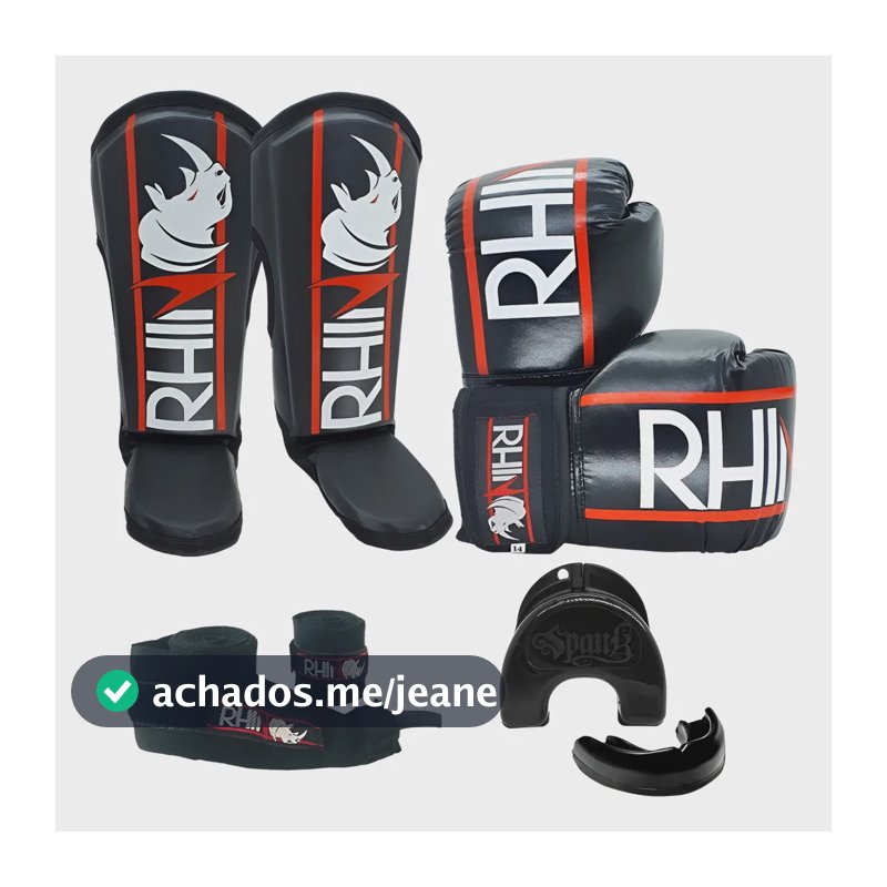 Kit Muaythai Kickboxing Luva Boxe Caneleira Bandagem Bucal Cor Preto Tamanho 12oz