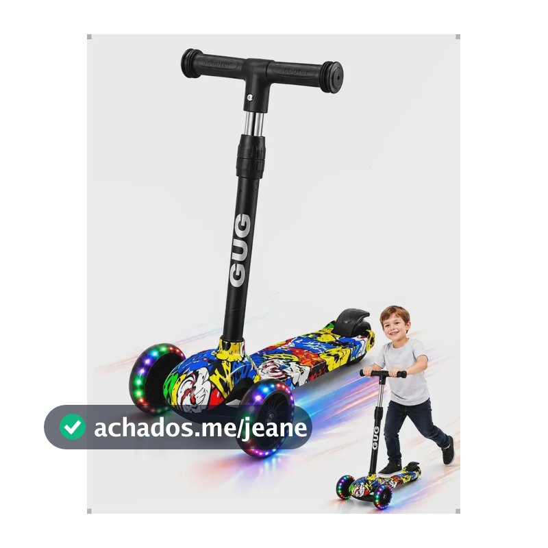 Patinete Infantil 3 Rodas Com LED Guidão Ajustável Até 50kg Freio Traseiro Rolamento ABEC-7 Antiderrapante