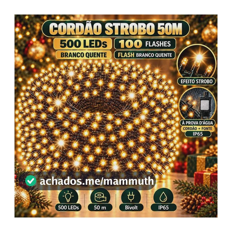 Strobo Pisca Pisca Cordão Natal 500 Leds 50m Prova D'Água Bivolt Branco Quente 100 Flash Branco Quente Decoração Enfeite Natal LuvinCo