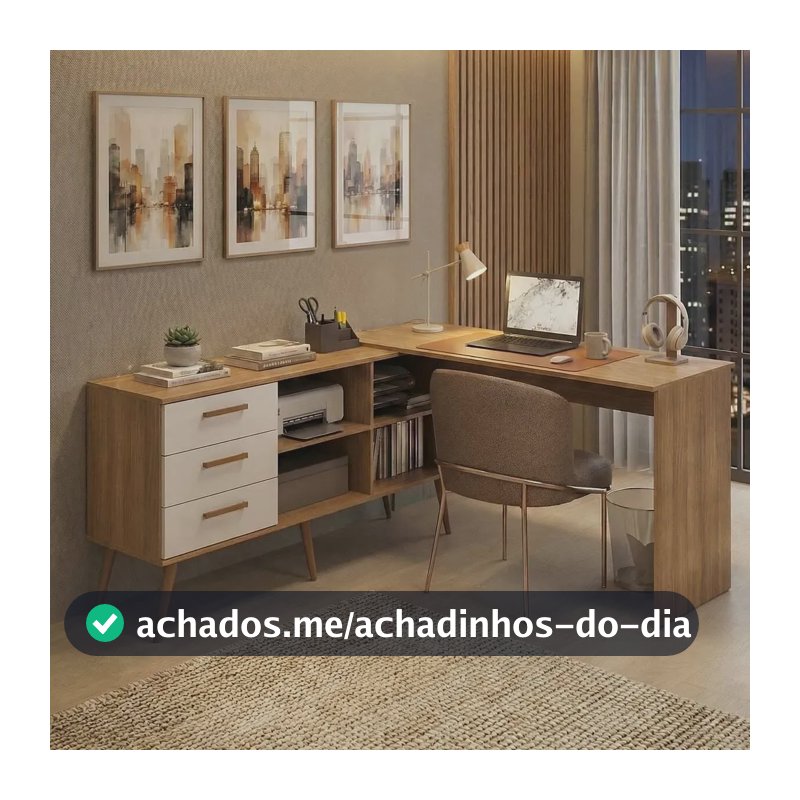 Mesa de Escritório em L com 3 Gavetas Porto Multimóveis MP6044 Madeirado/Branco