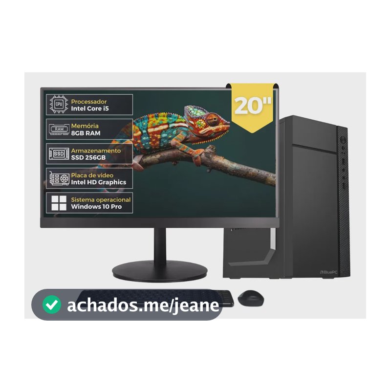 Computador Completo Flash, Intel Core i5 3470, RAM 8GB, SSD 256GB, Bivolt, Preto, Monitor 20" LED HDMI, Windows 10 Pro - BluePC DOE-0140FL