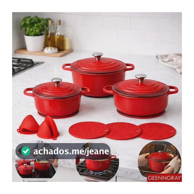 Jogo 3 Panelas Caçarola Cerâmica Com Tampa Antiaderente Indução Forno Brinde 2 Pegadores + 3 Descansos De Panela De Silicone Vermelha Geenngray