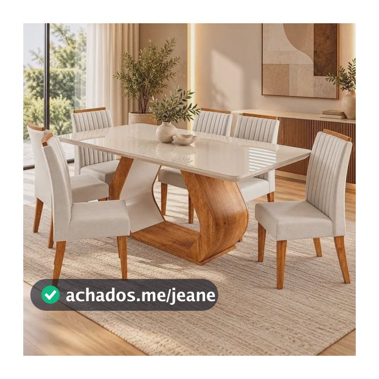 Conjunto Sala De Jantar 6 Lugares Retangular Tampo De Vidro Mel/off White/bege