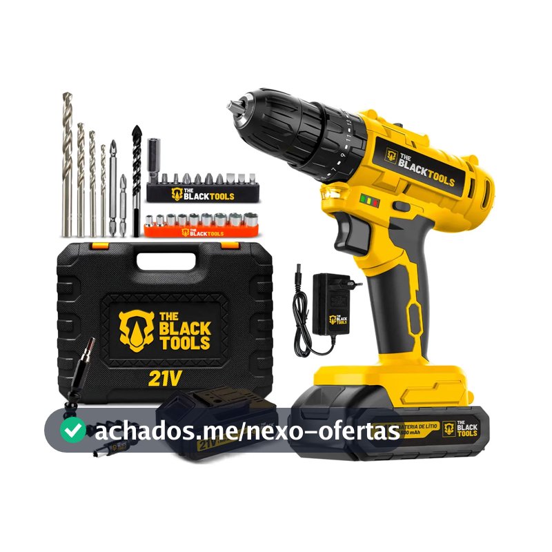 Parafusadeira Furadeira De Impacto A Bateria 21V 3/8” Bivolt 1400 Rpm Com Acessórios E Maleta TB-21PZW The Black Tools