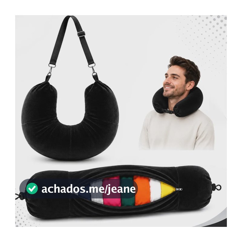 Travesseiro de Pescoço para Viagem com Compartimento para Roupas Encosto de Cabeça e Apoio Cervical Preto - Multicontrol