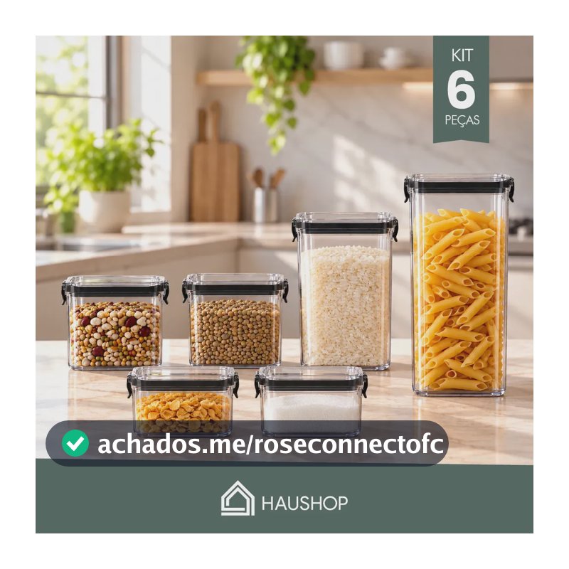Kit 6 Potes Herméticos Quadrados Haushop para Armazenamento de Alimentos Organizador de Cozinha com Vedação e Corpo Transparente