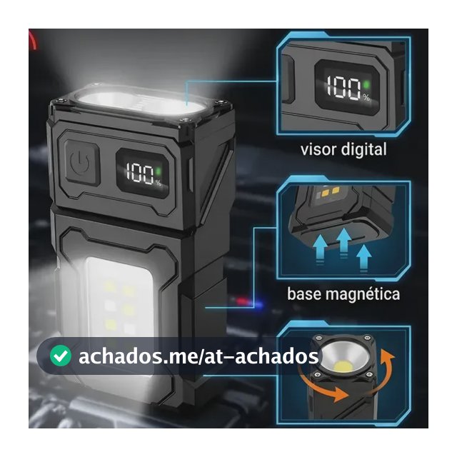 Lanterna Recarregável Portátil Com Clipe E Ímã Visor Digital Branco Preto