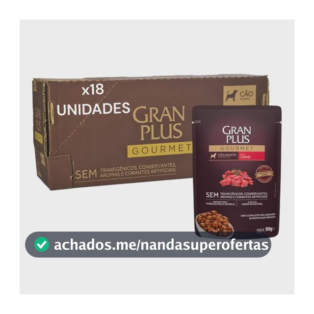 Sachê Gran plus Carne Cães Adultos caixa com 18 Sachês, 100g cada