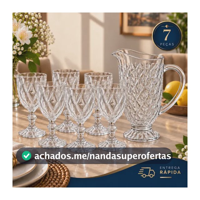 Kit 6 Taças Diamond 375ml + 1 Jarra Diamante 1,2l Vidro Água Transparente