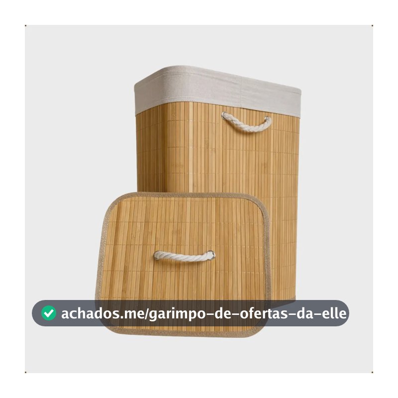 Cesto de Roupa Bambu Retangular de 72L com Tampa e Forro de Linho