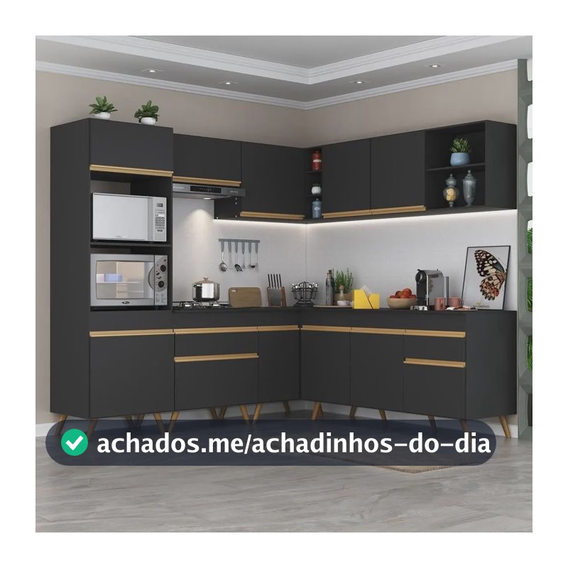 Armário Cozinha Completa De Canto Veneza Multimóveis V2045 Cor Preto/Dourado