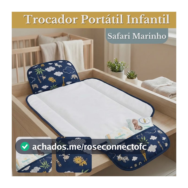 Trocador De Fralda Impermeável Dobrável Retrátil Com Bolso Lindas Estampas Safari Marinho