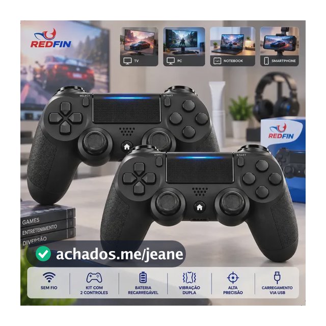 Kit 2 Controle Para Ps4 Sem Fio Pc Bluetooth Vibração Dupla Joystick Compatível Ps4 Videogame Tv Pc Celular Android Manete Smart Tv - Preto Redfin