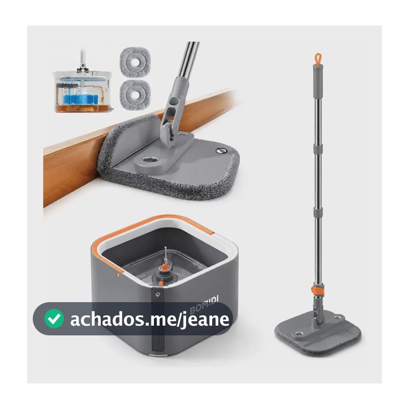 Mop Limpeza Giratório 2 Águas Premium Separação Água Limpa E Cabo 90-160CM Inox Retrátil , 2 Refis ,3L Balde BOMIDI