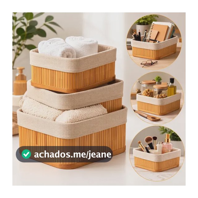 Kit 3 Cestos Organizadores de Bambu Retangulares com Forro Lavável Multiuso Organizar Casa Banheiro Cozinha Guarda-Roupa Lavanderia Armazenamento de Objetos - Nany Pink