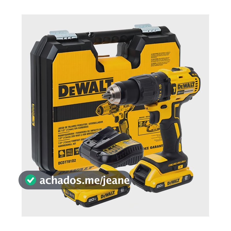 Parafusadeira e Furadeira de Impacto 13mm 20V DEWALT DCD7781D2 Com 2 Baterias, Carregador e Maleta