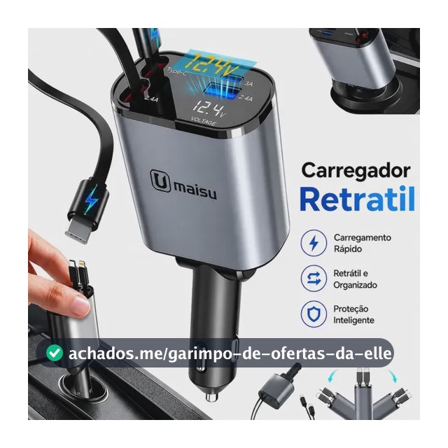 Carregador Veicular Automotivo Retrátil Turbo 4 Em 1 Usb Tipo-c 120w Para Carros Caminhão Plug Acendedor Carga Rápida Com Display 12v
