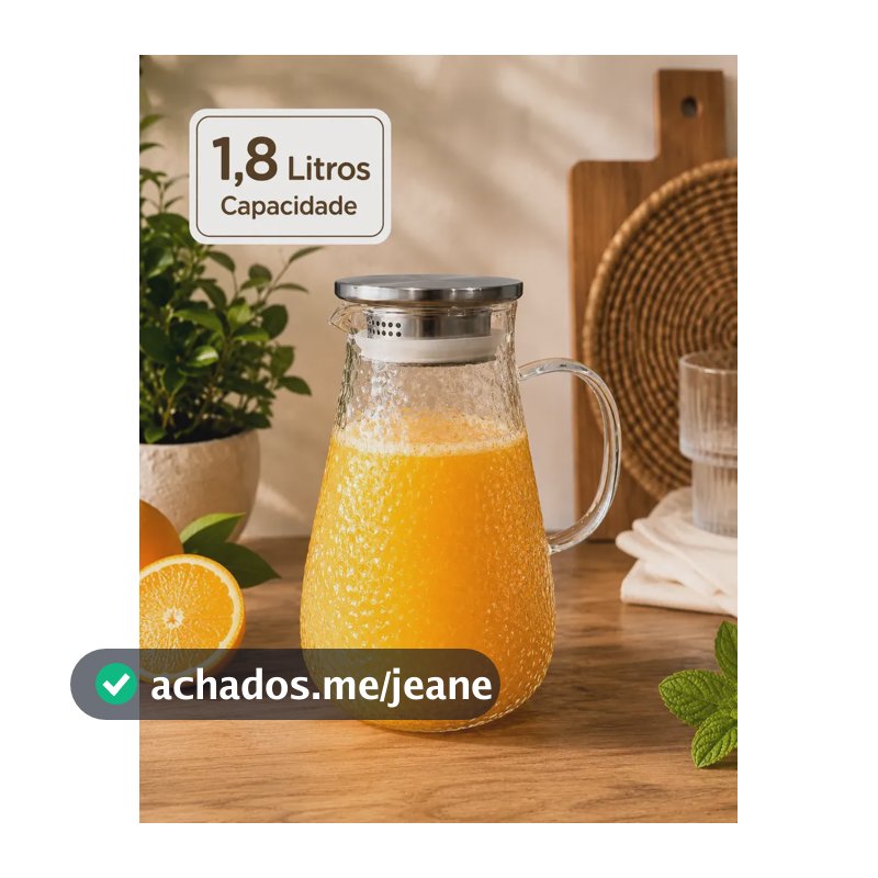 Jarra Vidro Borossilicato 1,8 Litros Com Tampa Inox Hermética Agua Suco Chá Resistente