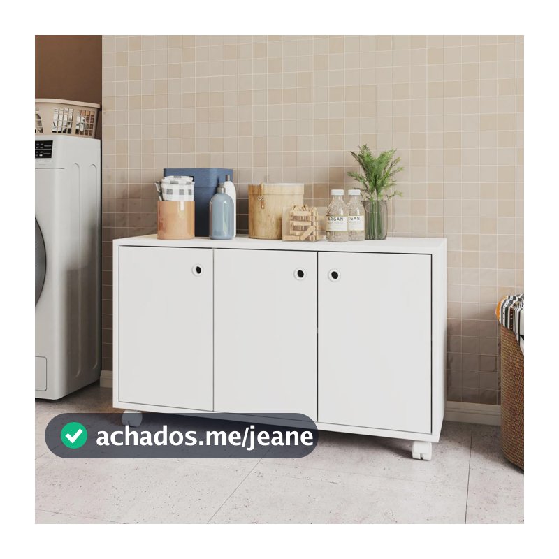 Balcão Multiuso Lavanderia 3 Portas Com Rodízios 90cm Branco