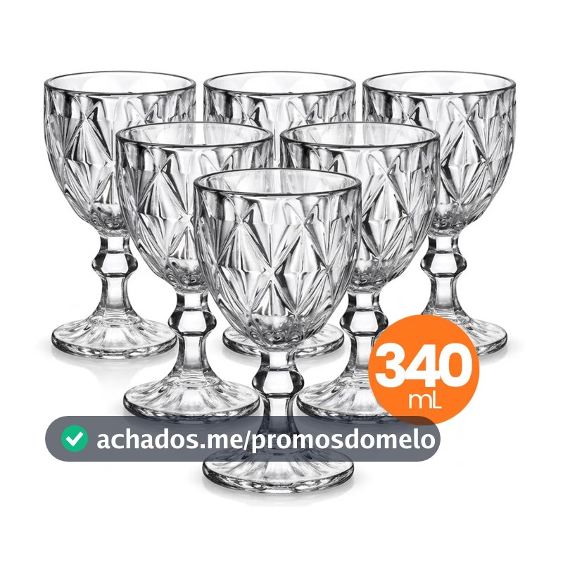 Jogo 6 Taças Vidro Diamond 340ml Conjunto Mesa Posta Água Suco Cozinha Decoração Presente