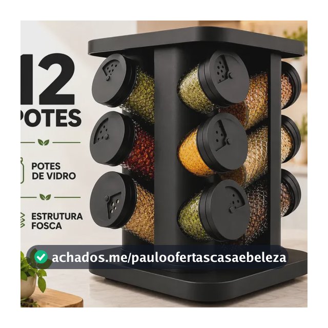 Porta Temperos Condimentos 12 Unidades Potes Vidro Base Giratória Preto Organizador Cozinha Dosador Sólar