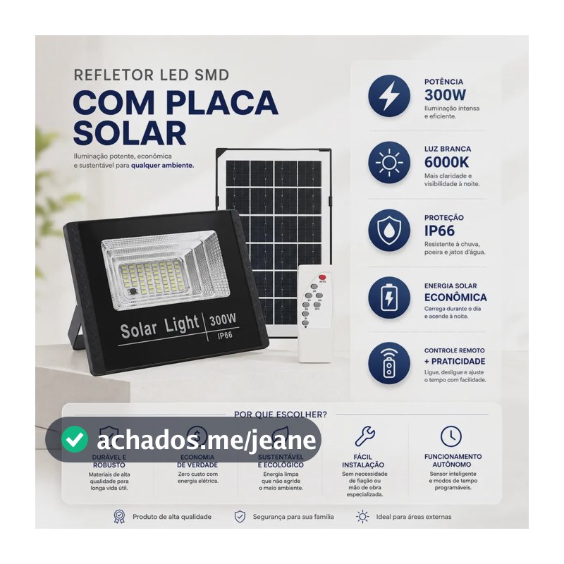 Refletor Solar Led Holofote 300w Placa Bateria Prova D'água Carcaça Preto Luz Branco-frio