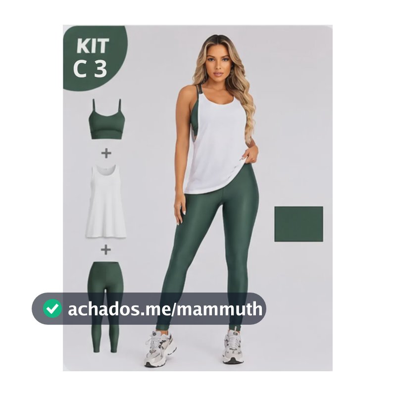 Kit 3 Peça Fitness Roupa Academia Legging + Cropped + Regata Verde Militar M