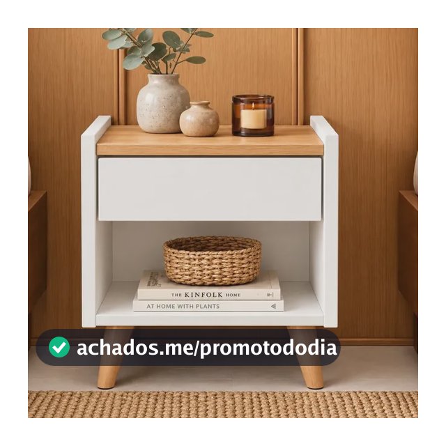 Mesinha de Cabeceira criado com gaveta para quarto de casal ou solteiro na cor Nature Amadeirado Branco Fosco Retro Luxo