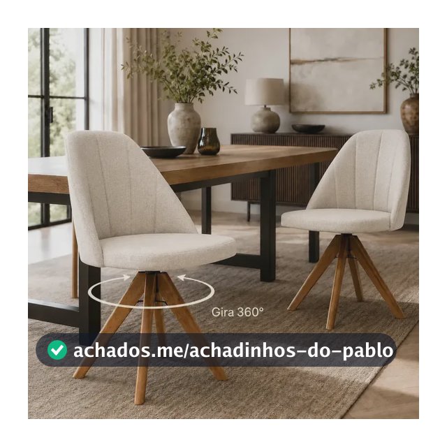 Kit 2 Cadeiras Sala Jantar Cozinha Giratória Madeira Maciça Eucalipto Mariana Estofada Linho Espuma D23 Assento Grosso Anatômica Moderna Confotavel 10cm Base Verniz Canela Suporta 120kg Bege