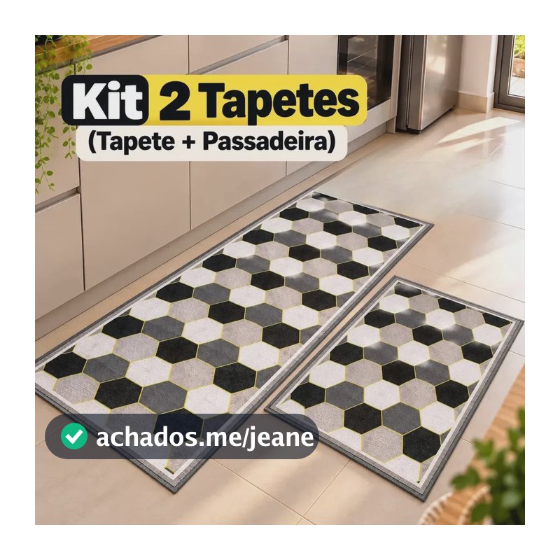 Kit Tapetes para Cozinha 2 Peças Passadeira Antiderrapante Cor Cinza Hexagonos