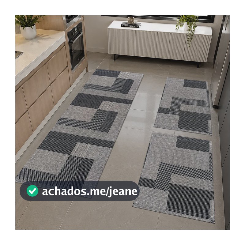 Kit Tapete Cozinha Maya Antiderrapante  Jogo Com 3 Peças 1.4 M 0.46 Cm Cinza-escuro